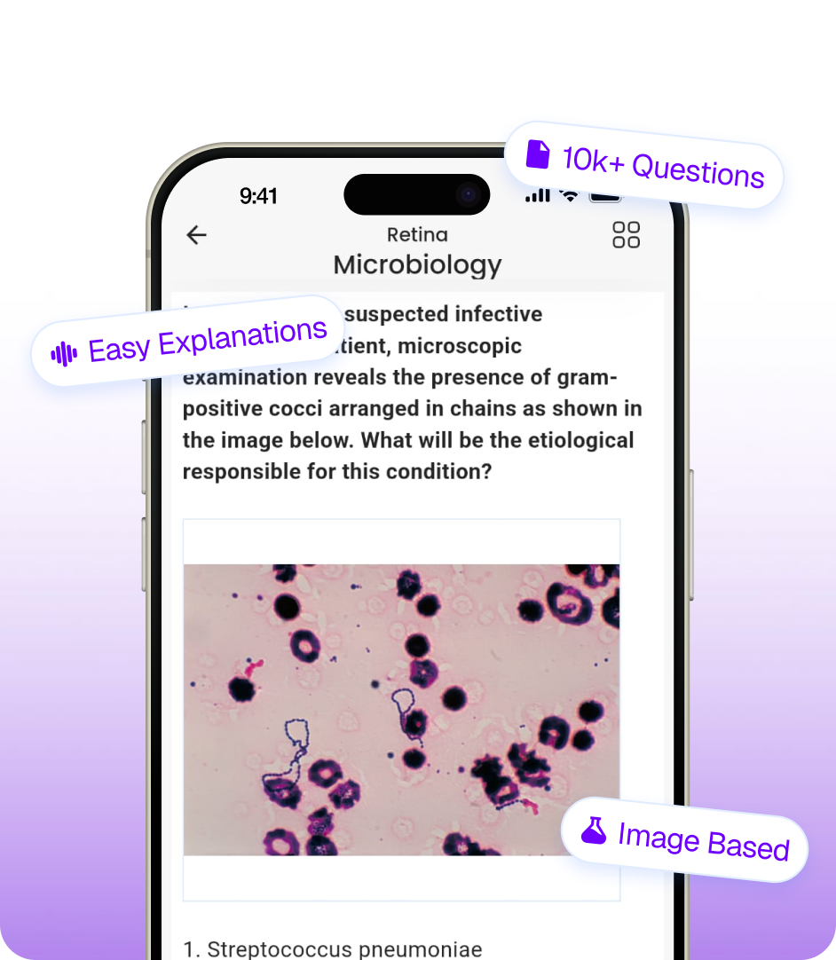 A Microbiology question in the app showing a gram stain image with answer options below.
