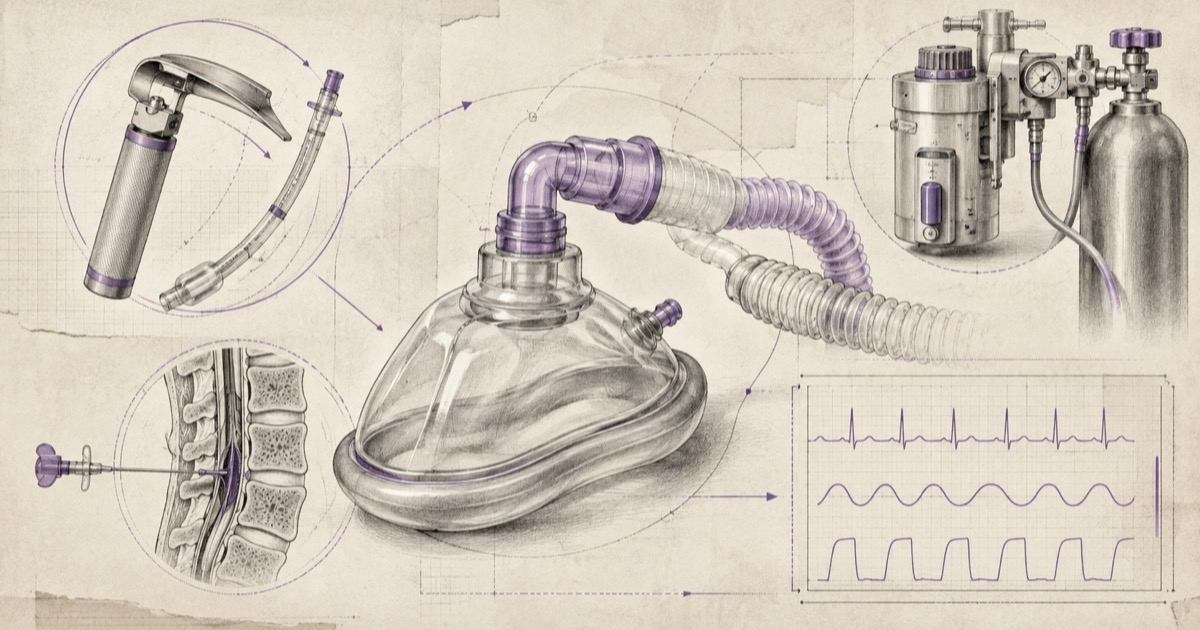 Pencil illustration of a laryngoscope, a face mask and breathing circuit, an anaesthetic vaporiser beside a gas cylinder, a spinal needle entering the vertebral column, and a monitor tracing