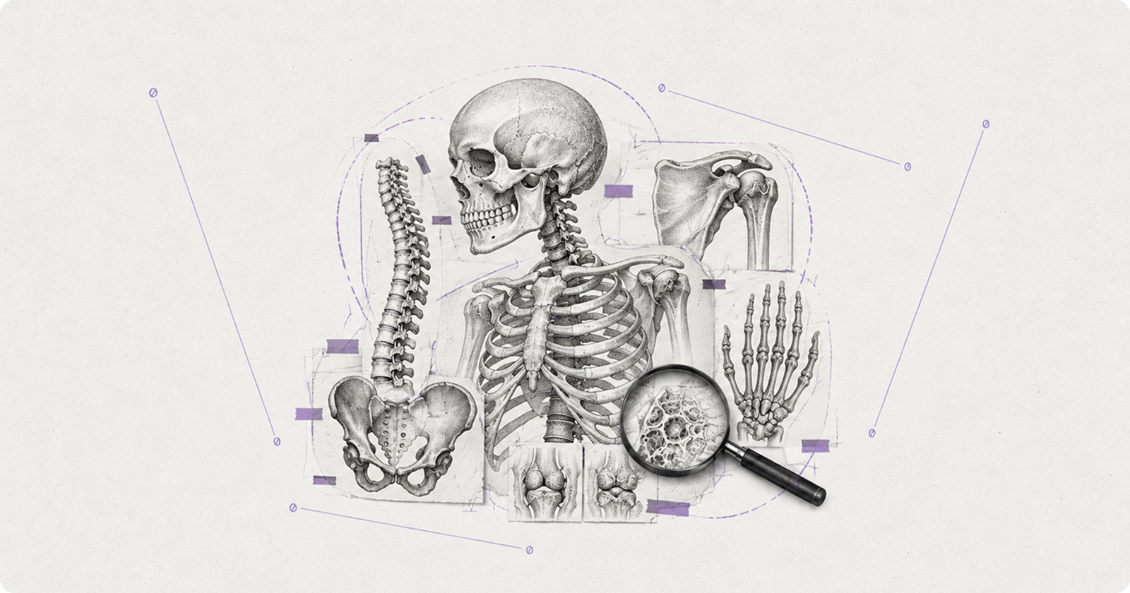 Pencil illustration of a skeleton with the spine, pelvis, scapula, hand and a histology slide annotated around it
