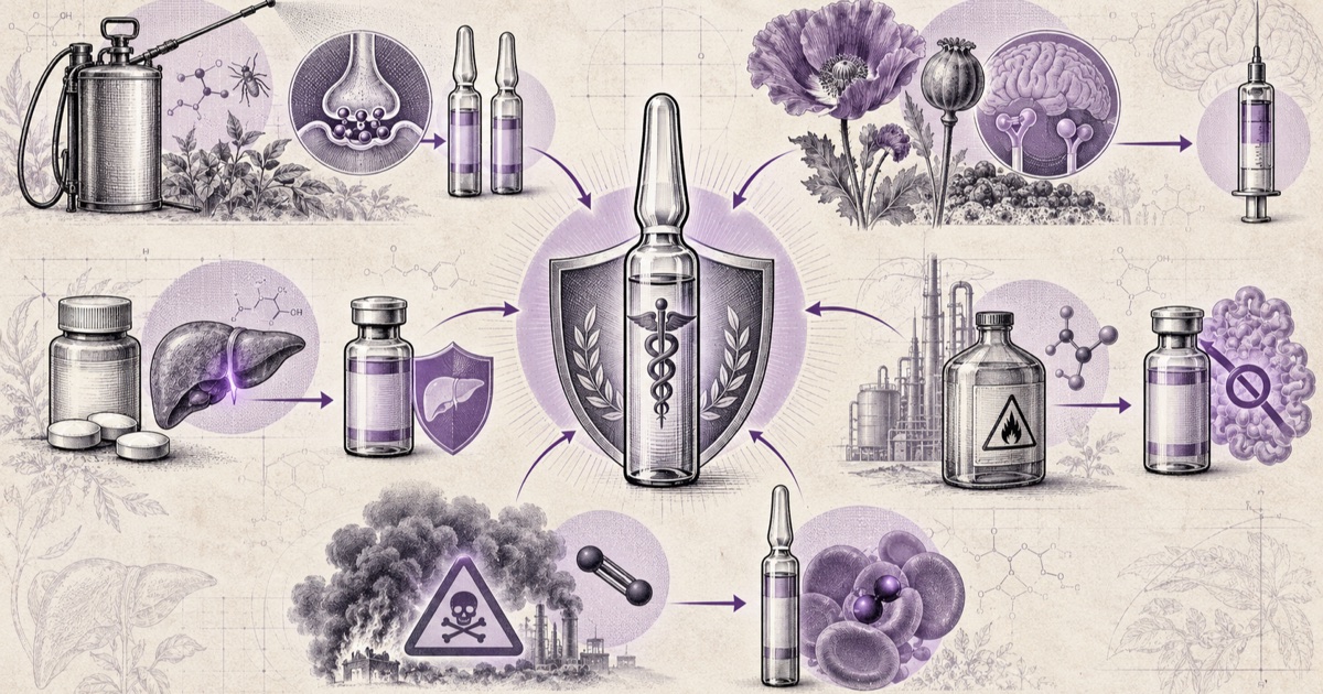 Pencil illustration of antidote-to-poison pairings around a central ampoule: a pesticide sprayer, an opium poppy, a paracetamol bottle beside a liver, and an industrial cyanide flask, each arrowed to its antidote vial