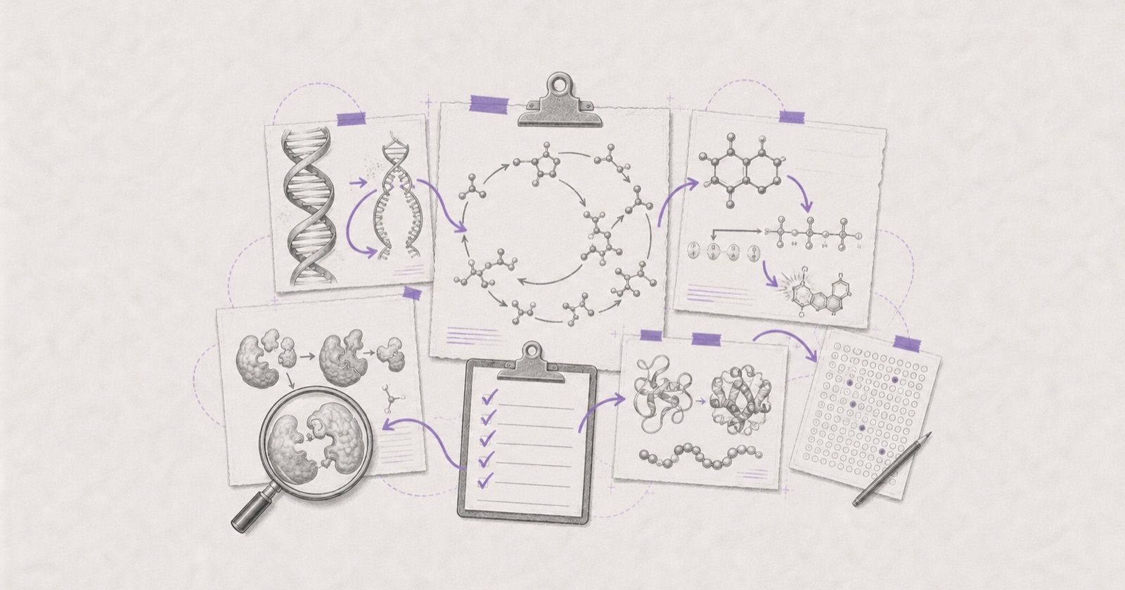 Pencil illustration of a DNA double helix, a metabolic cycle diagram, enzyme and protein structures and a drug molecule, pinned around a checklist and an OMR sheet