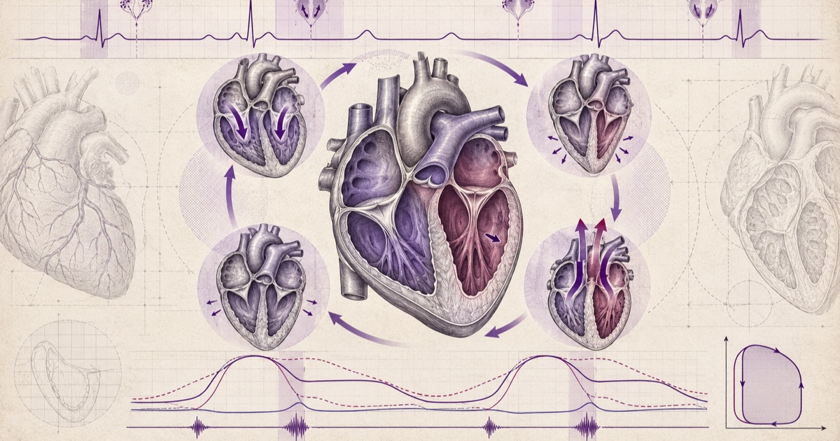 Pencil illustration of a heart ringed by the four phases of the cardiac cycle, with an ECG trace above and ventricular and aortic pressure curves and a pressure-volume loop below