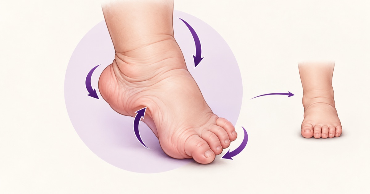 An infant’s foot held in the clubfoot position, heel drawn up and turned inwards with the forefoot swung towards the midline and the arch raised, arrows marking the direction each component is corrected, and the same foot corrected alongside it