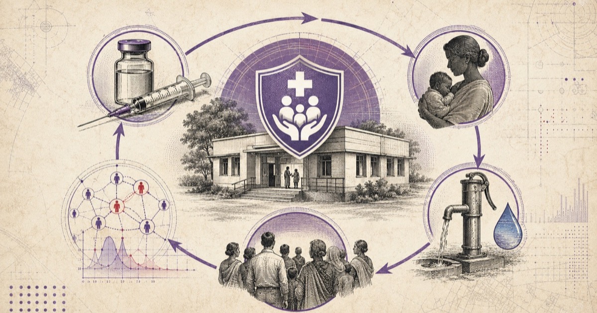 Pencil illustration of a primary health centre ringed by a vaccine vial and syringe, a mother holding a child, a hand pump drawing water, a village gathering and an epidemic curve
