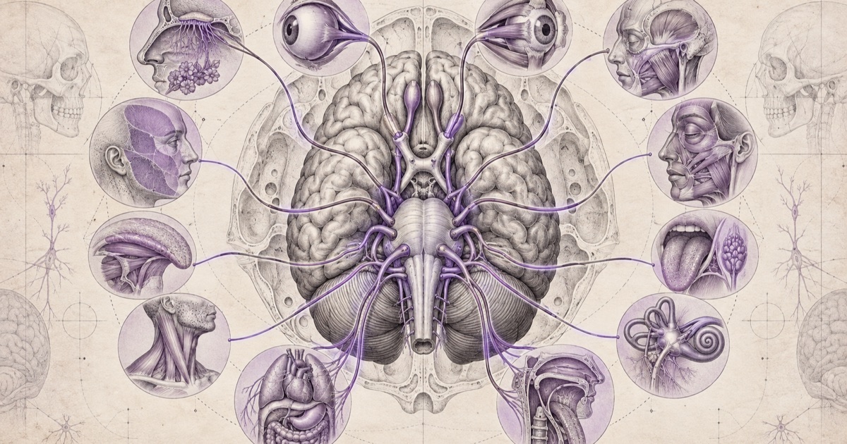 Pencil illustration of the base of the brain with the twelve cranial nerves radiating out to the structures each supplies: eye, face, tongue, inner ear, neck muscles and the thoracic and abdominal viscera