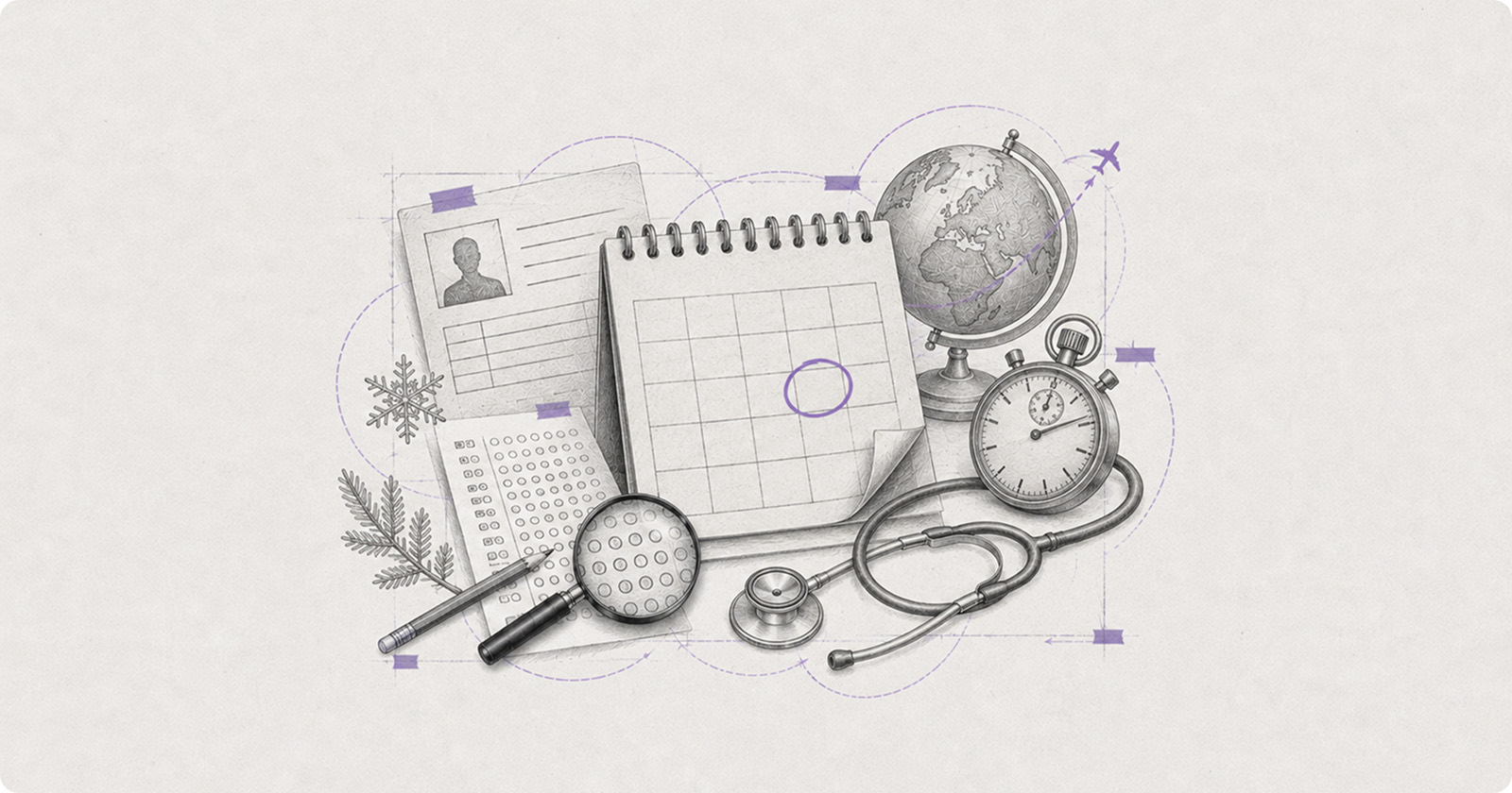 Pencil illustration of a calendar with a circled date, an admit card, a stopwatch and a globe