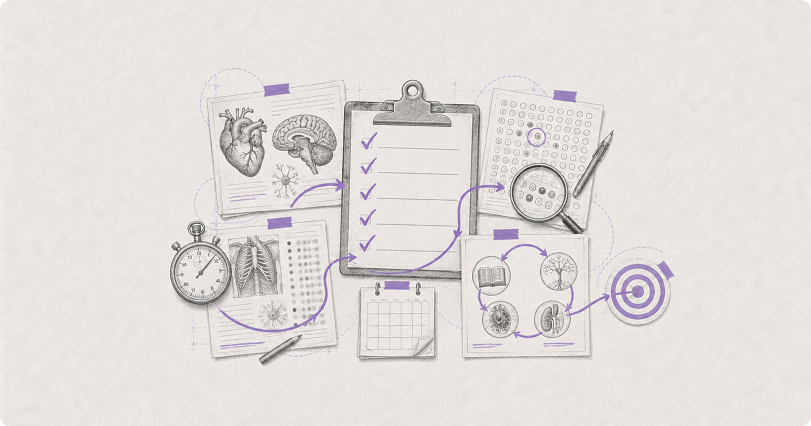 Pencil illustration of a study checklist with subject cards, an OMR sheet, a stopwatch and a target