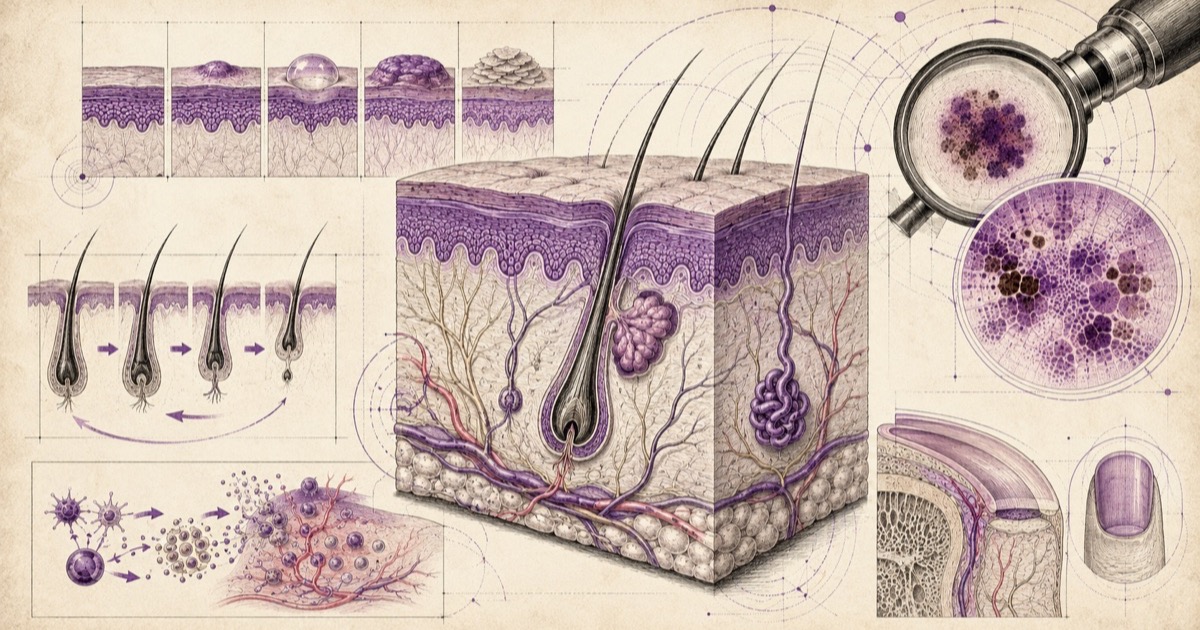 Pencil illustration of a block of skin in cross-section showing a hair follicle, sweat gland and blood supply, surrounded by lesion stages, the hair growth cycle, a magnified rash and a nail fold
