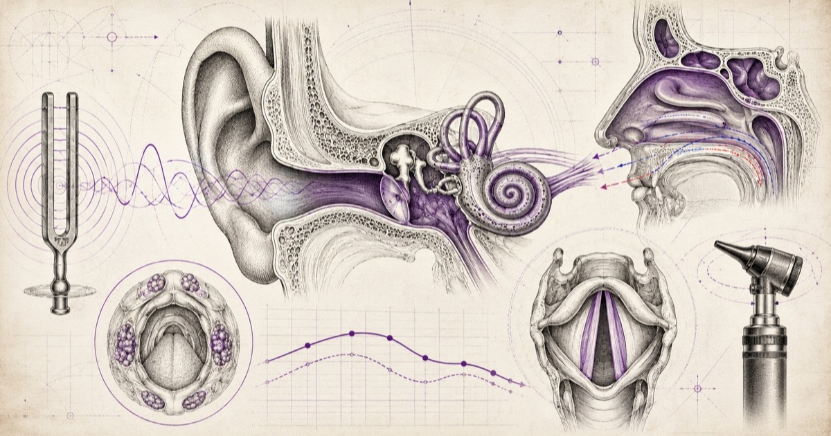 Pencil illustration of the ear in cross-section with the ossicles and cochlea, a tuning fork with sound waves, the nasal cavity and sinuses, the vocal cords from above, an otoscope and an audiogram