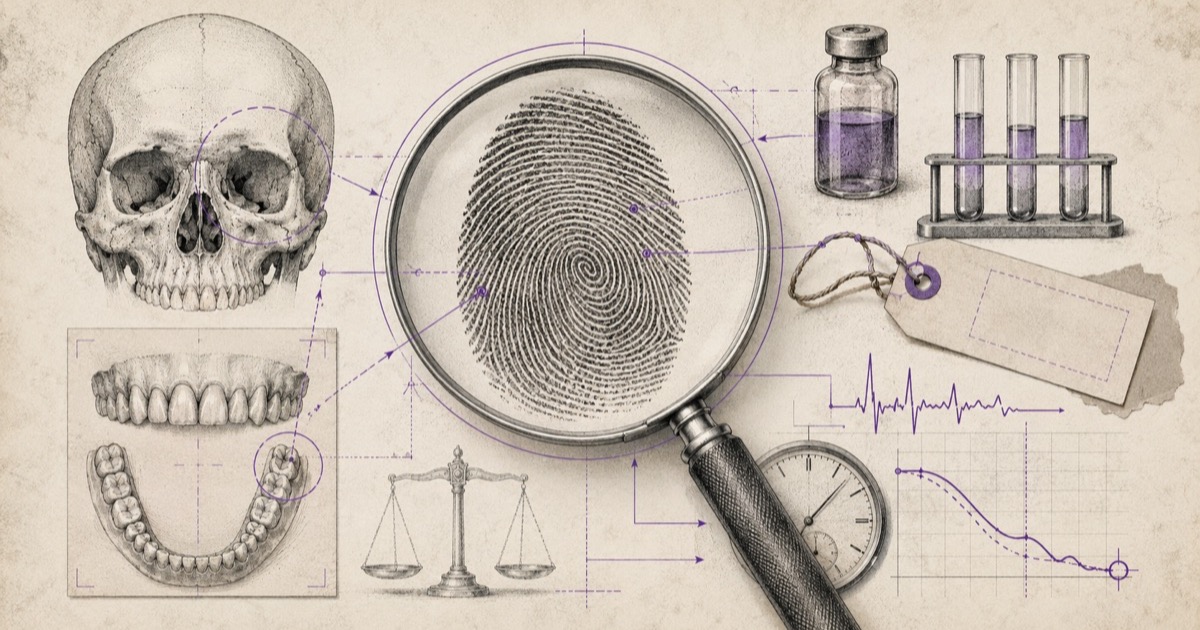 Pencil illustration of a skull and dental casts, a fingerprint under a magnifying glass, a toxicology vial with test tubes, scales of justice, a pocket watch and a body cooling curve