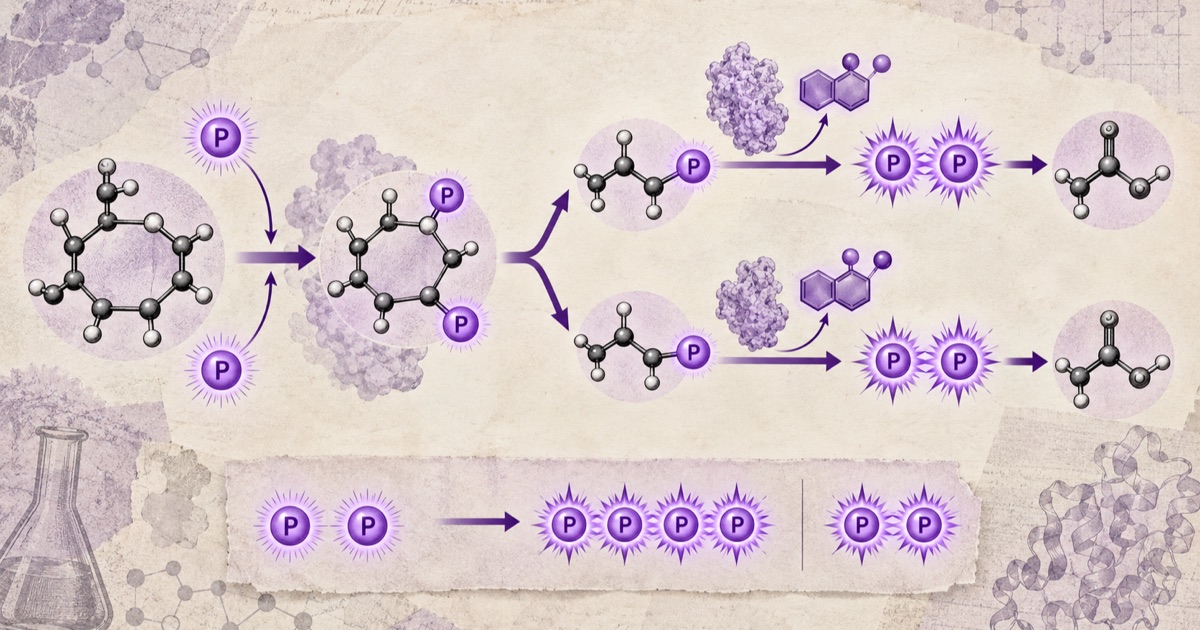 Pencil illustration of the glycolysis pathway: a glucose ring phosphorylated, split into two three-carbon fragments, each passing an enzyme to yield ATP and NADH, with the two-in four-out ATP tally below