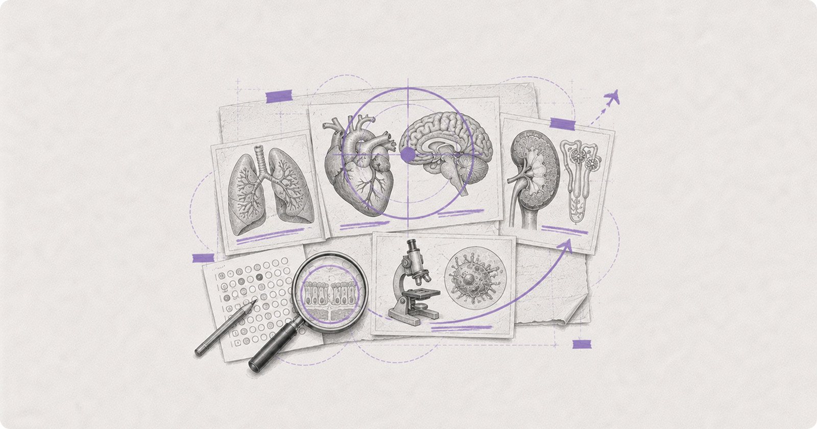 Pencil illustration of anatomy plates for the lungs, heart, brain and kidney beside a microscope and an OMR sheet