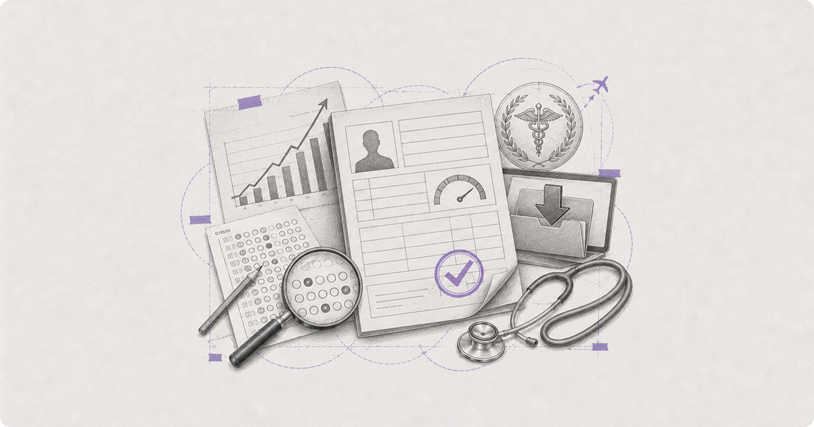 Pencil illustration of an FMGE scorecard with a pass tick, a rising bar chart and a download icon