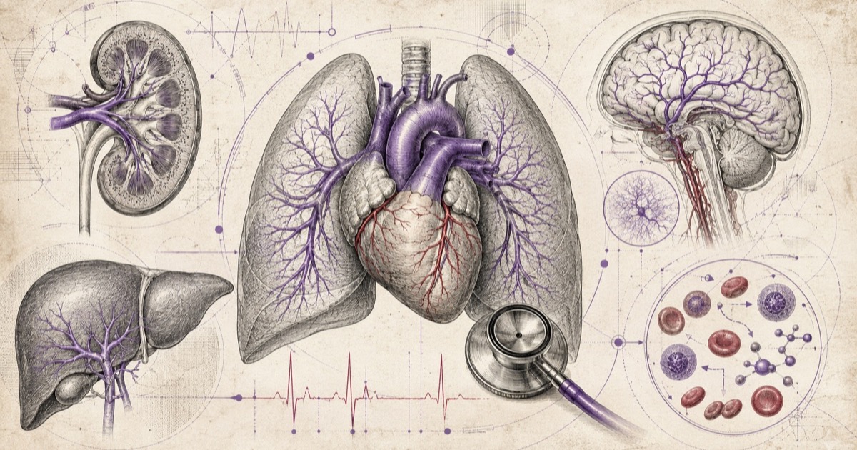 Pencil illustration of the heart and lungs traced with an ECG rhythm and a stethoscope, flanked by a kidney, a liver, a brain and a field of blood cells