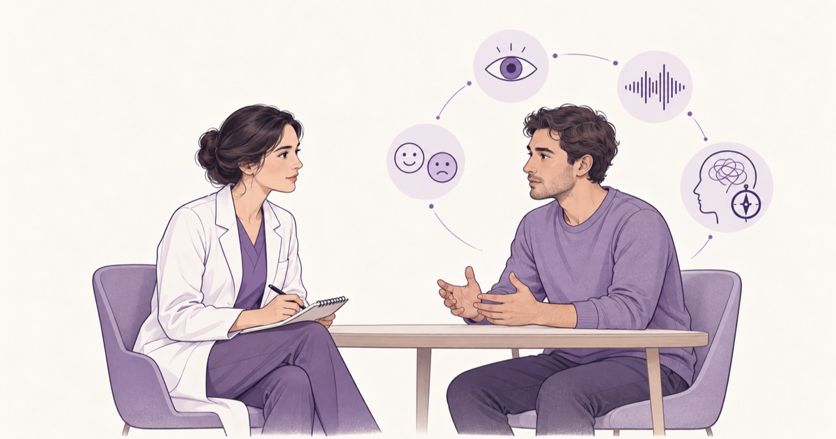 A clinician in a white coat taking notes across a table from a seated patient who is talking with open hands, with four icons arcing between them for the domains being assessed: an eye for appearance and behaviour, a waveform for speech, two faces for mood and affect, and a head holding a tangled line for thought