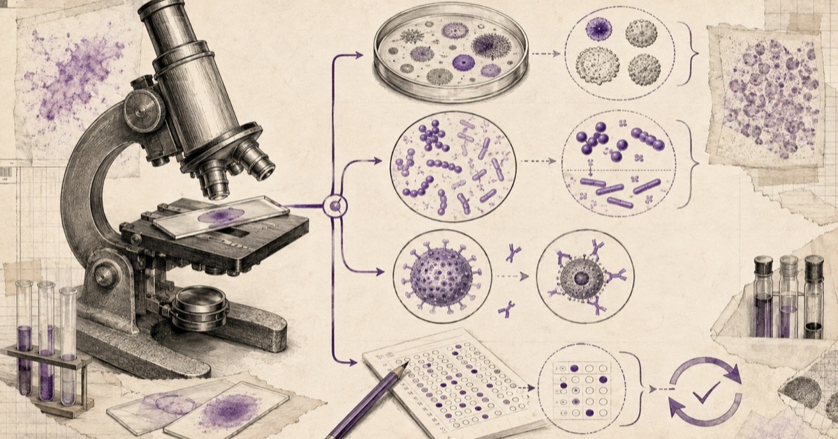 Pencil illustration of a microscope with culture plates and stained slides beside it, branching to cocci, bacilli and a virus particle, an antibody binding an antigen, and an antibiotic sensitivity plate