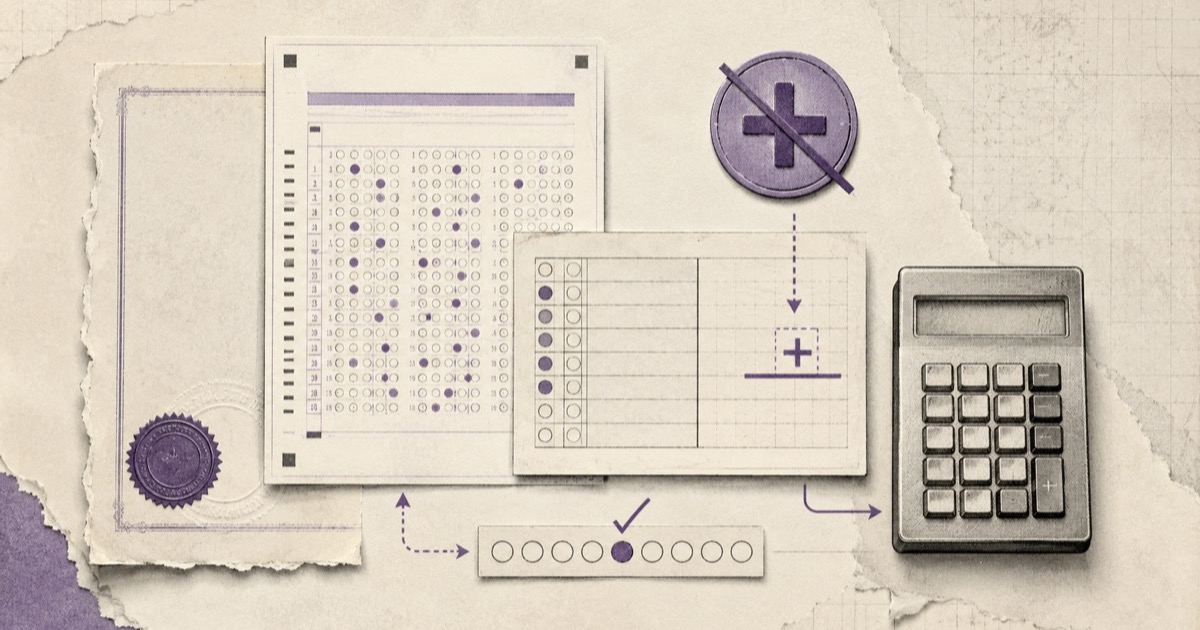 Pencil illustration of an OMR answer sheet and an official seal beside a struck-through plus sign, with an added mark crossed out on a tally sheet and a calculator alongside