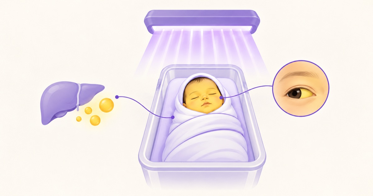 A jaundiced newborn swaddled under a blue phototherapy lamp, with a liver shedding yellow bilirubin droplets on one side and a close-up of a yellow sclera on the other — the production, the sign and the treatment in one frame