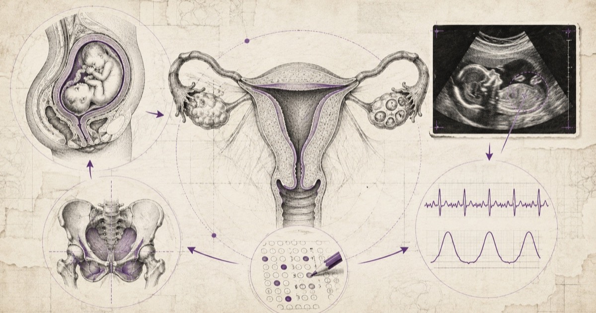 Pencil illustration of the uterus, ovaries and fallopian tubes at the centre, ringed by a fetus in utero, an obstetric ultrasound, the bony pelvis, a hormone cycle chart and a cardiotocograph tracing