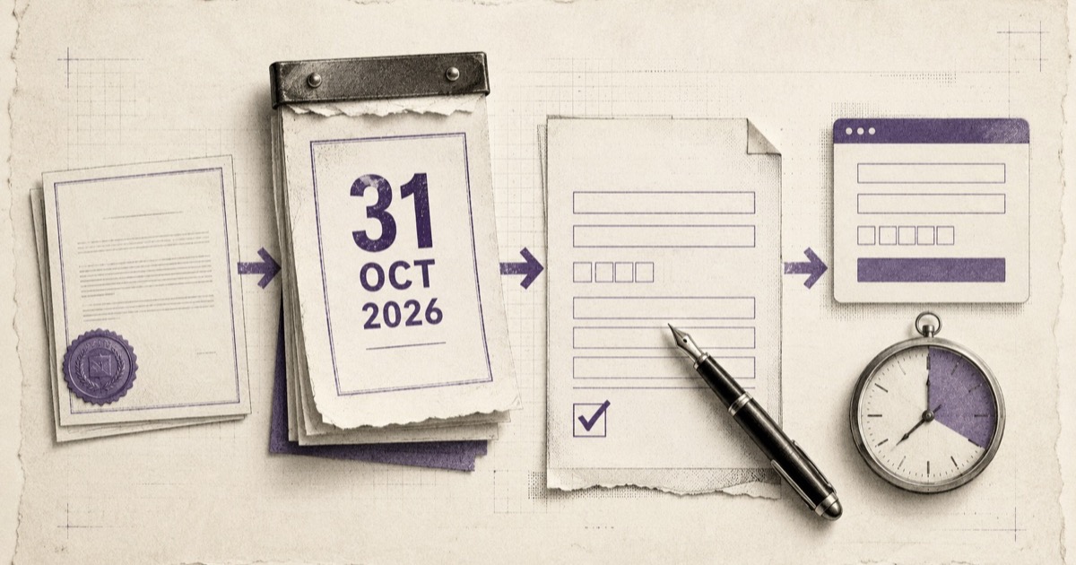 Pencil illustration of a notice bearing an official seal leading to a calendar page reading 31 OCT 2026, then to an application form and an online registration window, with a fountain pen and a pocket watch beside them