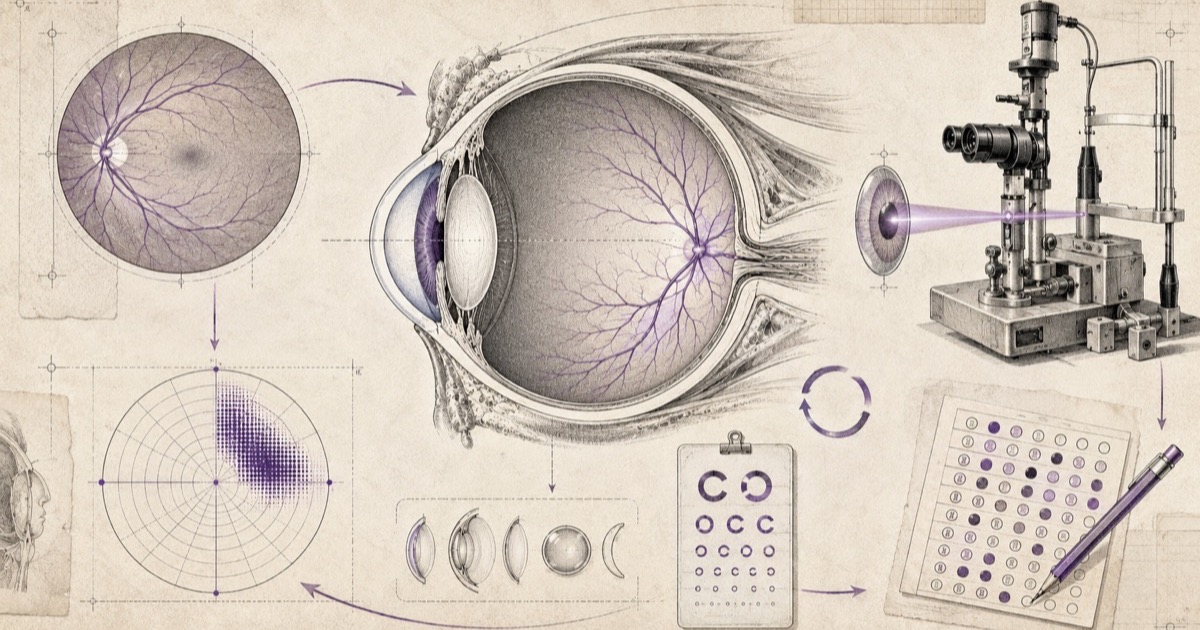 Pencil illustration of the eye in cross-section with the retinal vessels drawn in, beside a fundus view of the optic disc, a visual field chart, a slit lamp, lens shapes and a Snellen chart