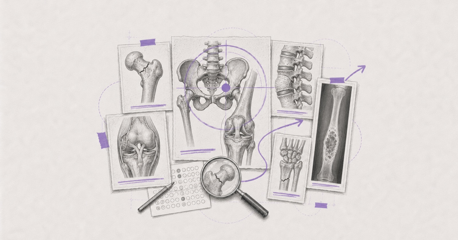 Pencil illustration of fracture and joint plates — femoral neck, pelvis, knee, lumbar spine and wrist — beside a magnifier over a fractured bone and an OMR sheet