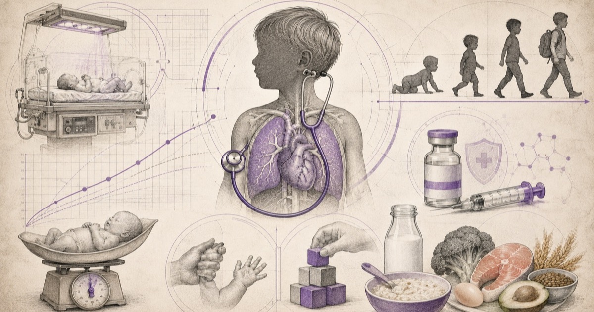 Pencil illustration of a newborn in an incubator, a child’s chest showing the heart and lungs behind a stethoscope, developmental milestones from crawling to walking, a weighing scale, a vaccine vial and nutrition foods