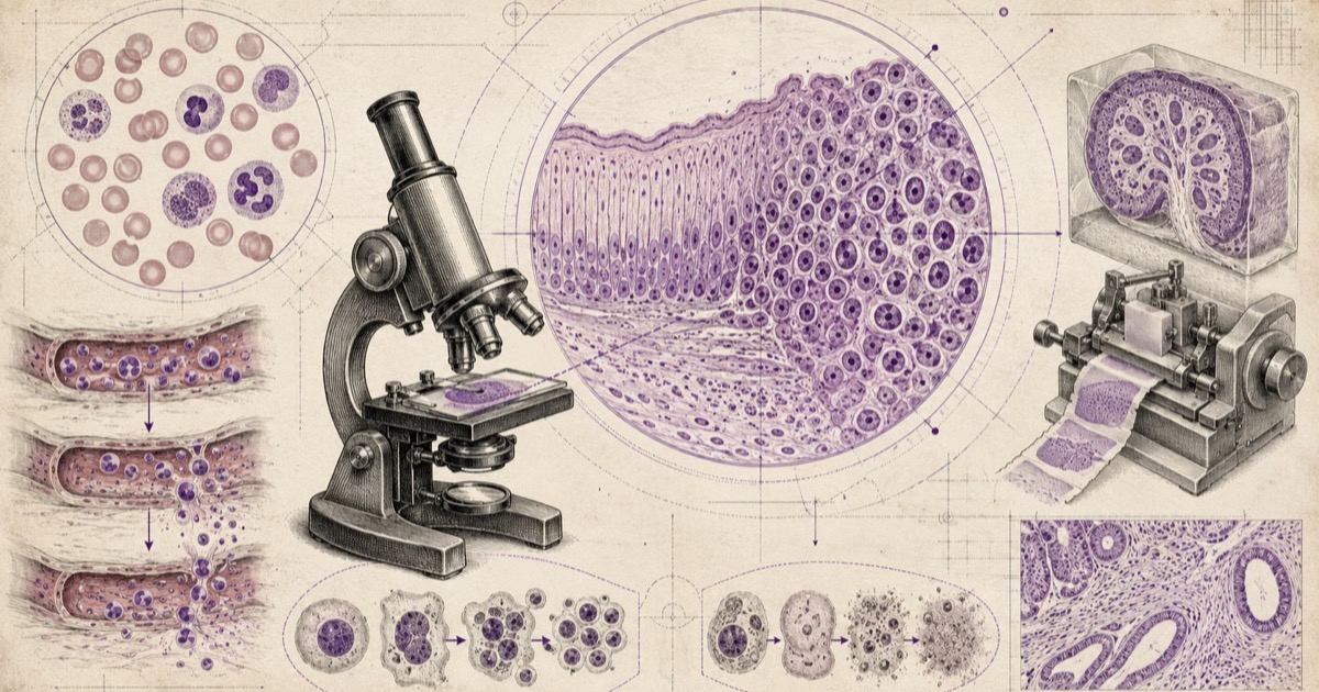 Pencil illustration of a microscope beside histology fields — a blood film, an epithelial section, a lymph node and stages of cell division — with a microtome cutting a tissue block