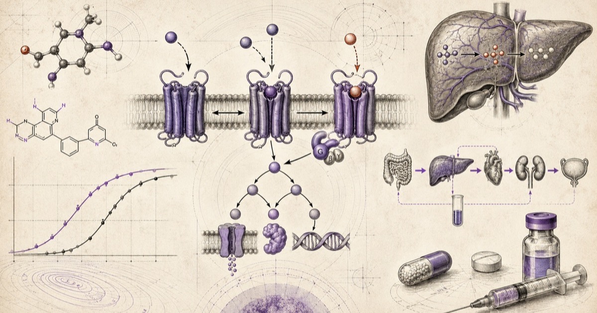 Pencil illustration of drug molecules binding receptors in a cell membrane, a signalling cascade reaching DNA, a dose–response curve, and the route from liver to kidney and bladder beside a capsule, vial and syringe