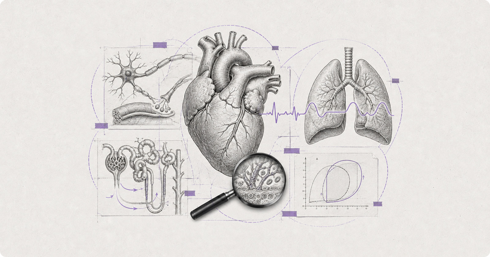 Pencil illustration of a heart, lungs, a nephron, a neuromuscular junction and a pressure-volume curve
