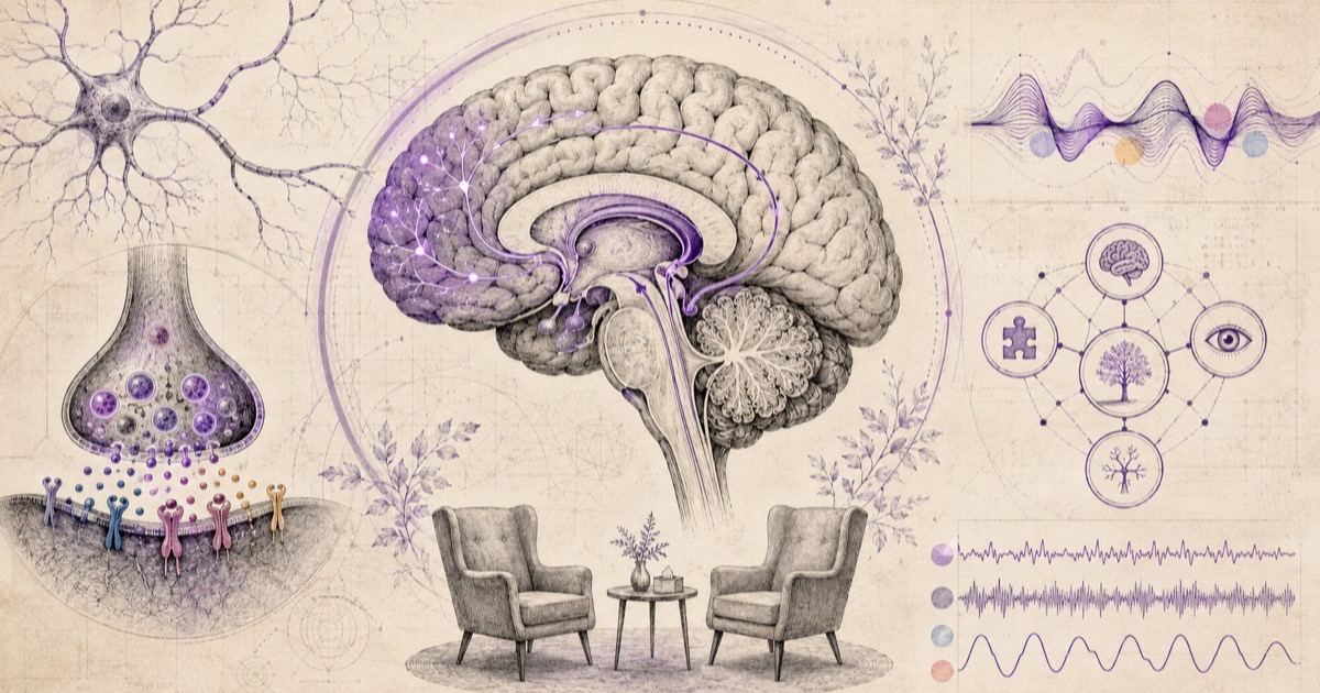 Pencil illustration of a brain in cross-section with a neuron and a synapse releasing neurotransmitters, two facing armchairs set for a consultation, and mood waveforms alongside symptom icons
