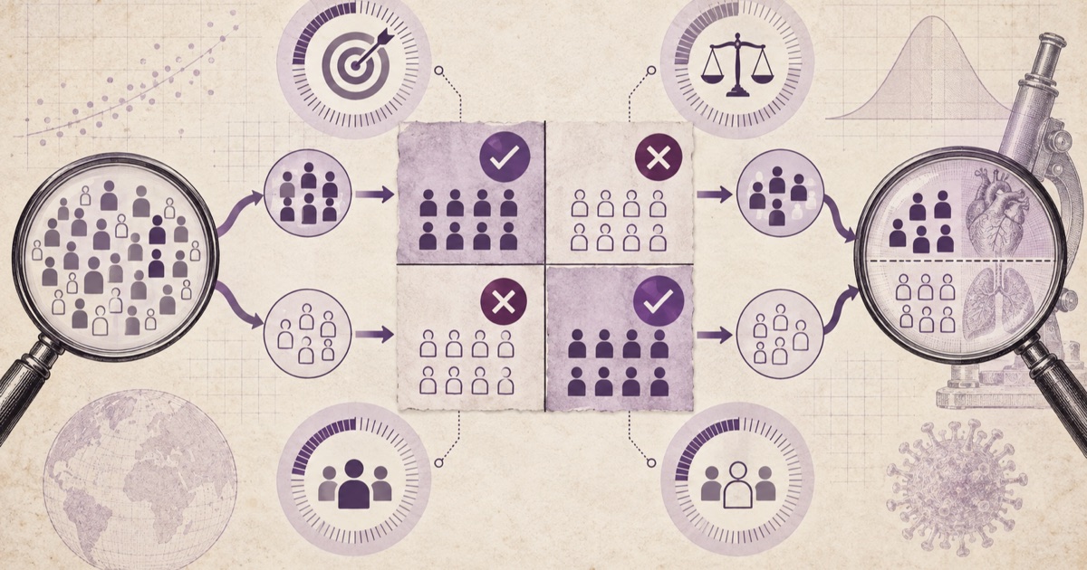 Pencil illustration of a screening 2x2 table, its four quadrants ticked and crossed for true and false positives and negatives, with a population under a magnifying glass feeding in and the diseased and disease-free groups separating out