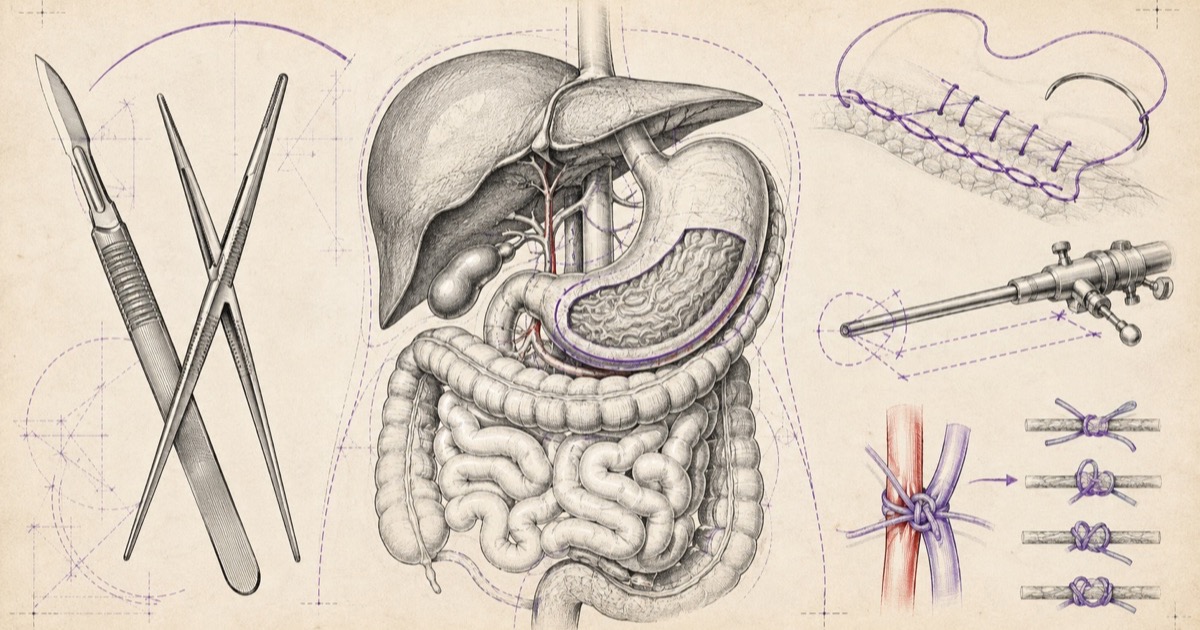 Pencil illustration of a scalpel and forceps crossed beside the abdominal organs — liver, stomach and intestines — with a sutured incision, a laparoscopic instrument and stages of vessel ligation