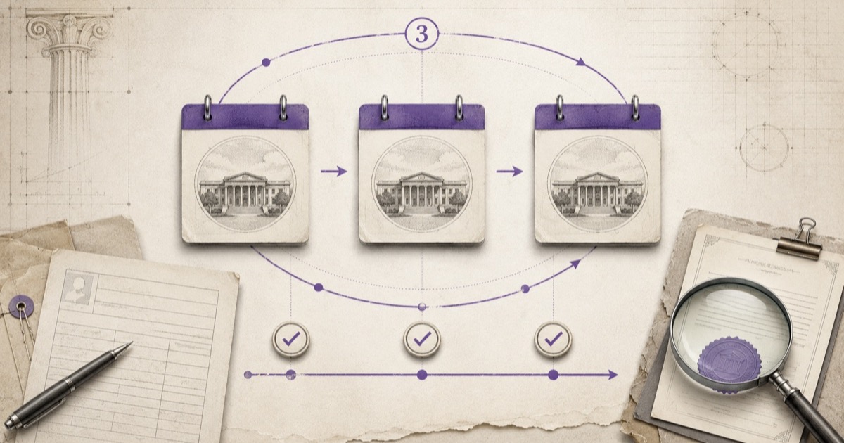 Pencil illustration of three calendars in a row, each showing an examination hall and linked by arrows to a marked timeline, with an application form and a magnifying glass over an official seal alongside