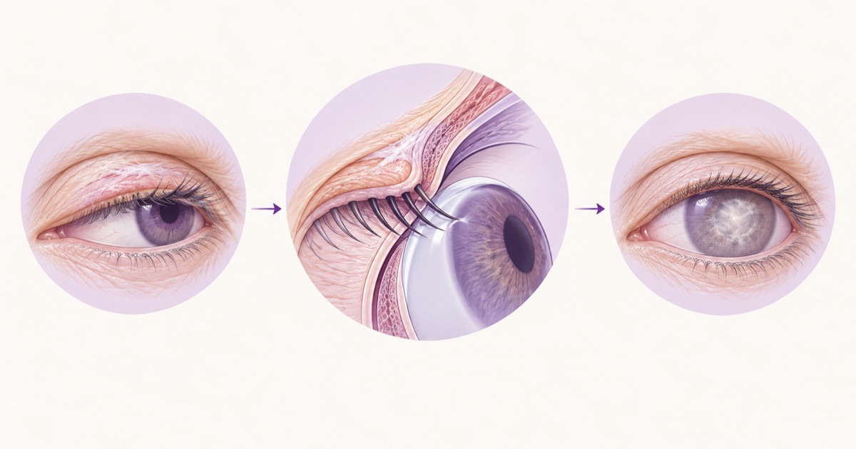The trachoma chain in three stages: a scarred upper eyelid with the lashes turning inwards, a cross-section showing those lashes abrading the surface of the cornea, and the resulting white corneal opacity lying across the pupil