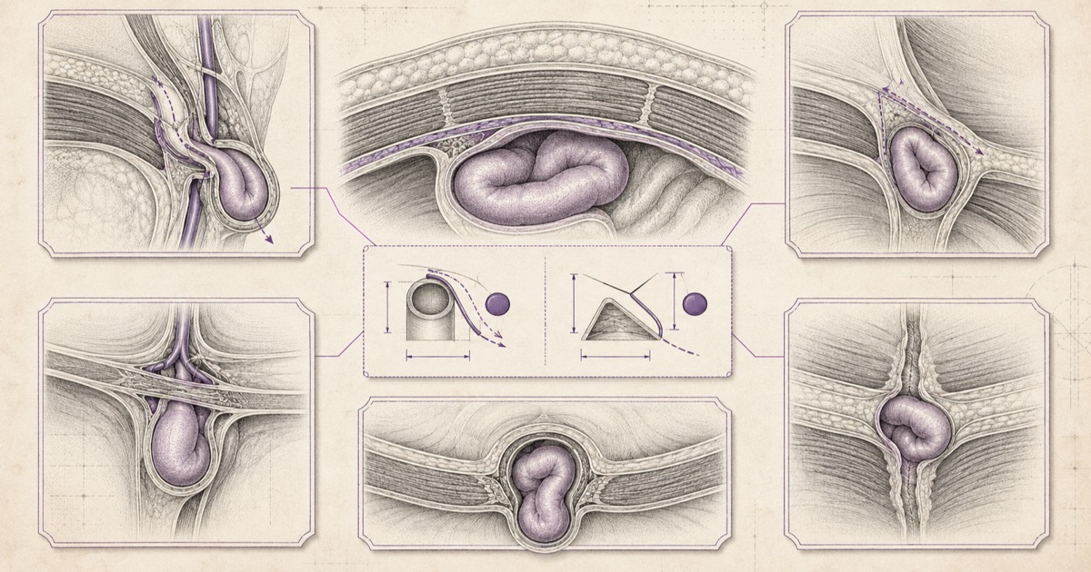 Pencil illustration of six abdominal wall and groin hernia panels arranged around a central inset contrasting a rounded ring defect with a triangular one