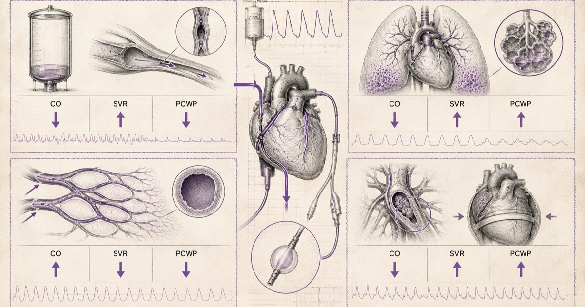 Pencil illustration comparing four shock states around a central heart and pulmonary artery catheter, each with arrows for cardiac output, systemic vascular resistance and pulmonary capillary wedge pressure