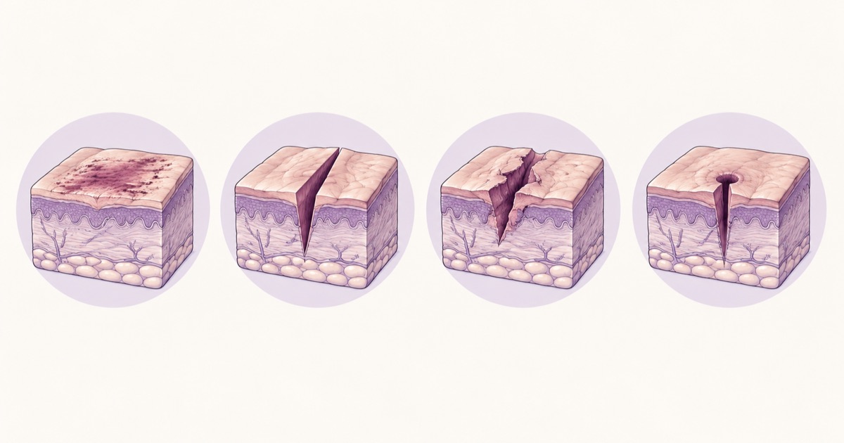 Four cross-sections of skin side by side, each cut through epidermis, dermis and subcutaneous fat: an abrasion grazing only the surface, an incised wound with clean straight edges, a laceration with ragged torn edges, and a puncture leaving a narrow track that runs deeper than it is wide