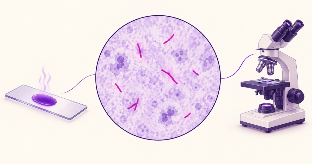 The Ziehl-Neelsen method end to end: a heat-fixed sputum smear on a glass slide with heat rising from it, the magnified field it produces — bright magenta acid-fast bacilli, some beaded, scattered against pale violet counterstained cells and debris — and the binocular microscope used to read it