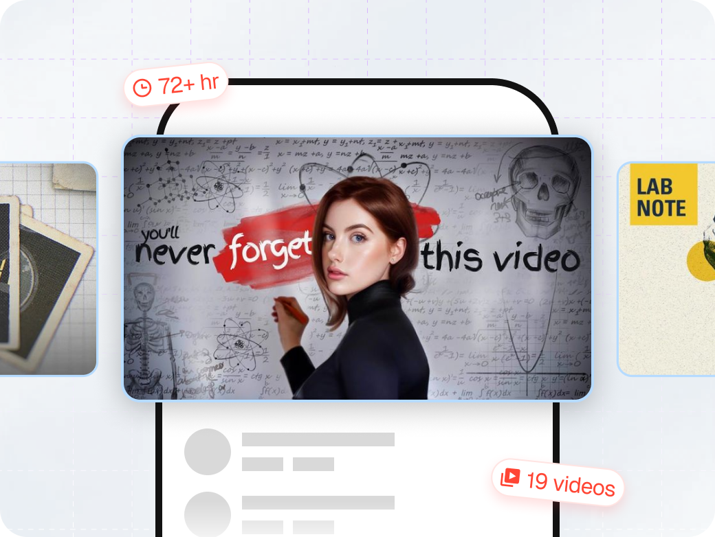 A video lecture player badged with 72+ hours of runtime across 19 videos.