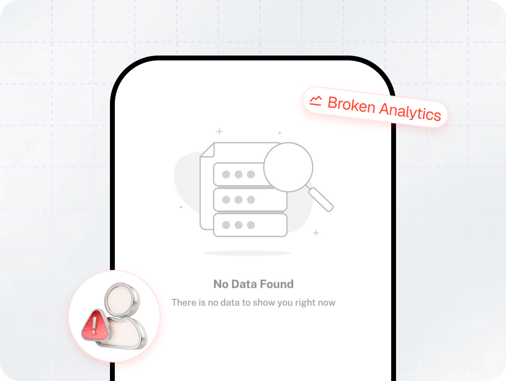 An empty analytics screen reading "No data found", labelled broken analytics.