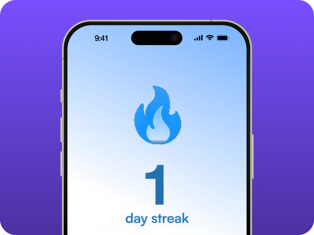 The streak screen in the app showing a flame icon above a one day streak.