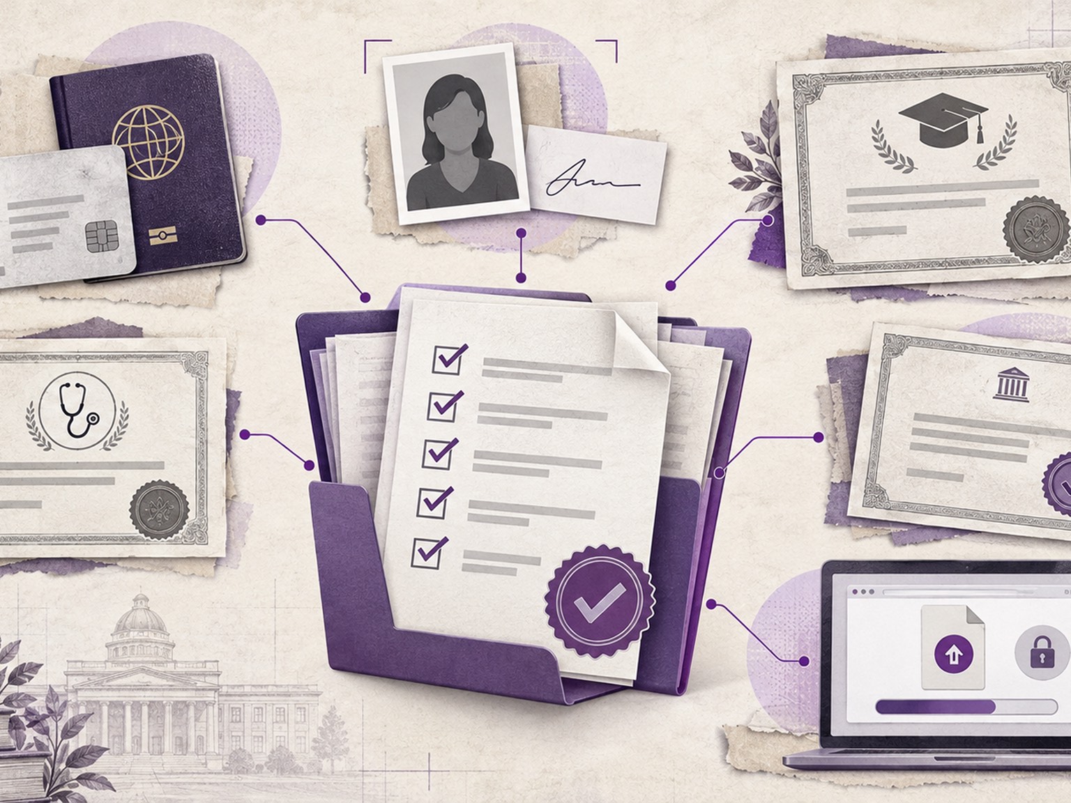 Documents for an FMGE application laid around a checklist folder: passport, photograph and signature, attested medical degree, and registration certificates