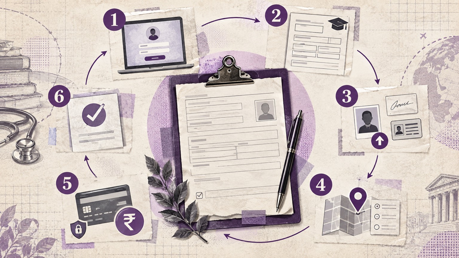 An FMGE application form on a clipboard, ringed by the numbered stages of applying: account, form, documents, exam centre, payment and confirmation