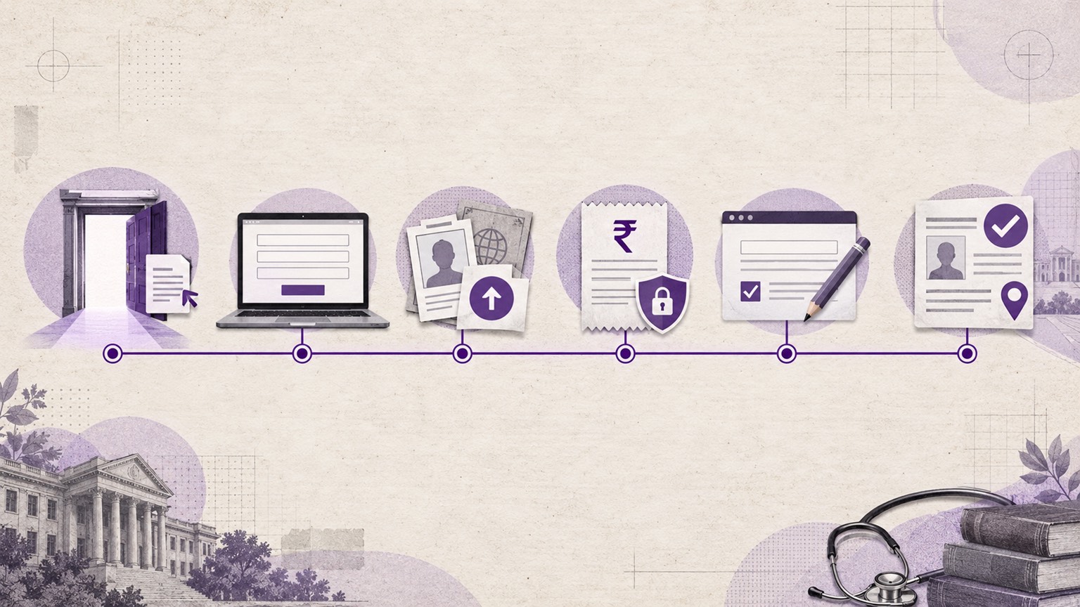 An FMGE registration timeline: eligibility certificate, then account creation, document upload, fee payment, form submission and the verified admit card