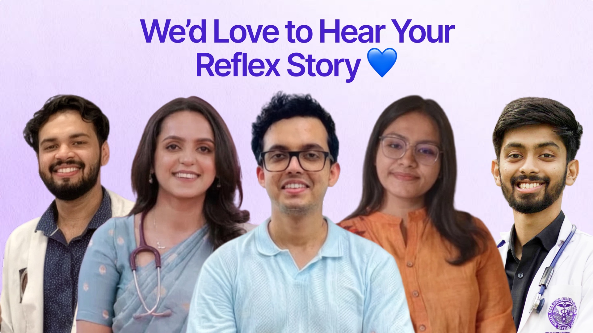 Five smiling people beneath the words: We'd love to hear your Reflex story
